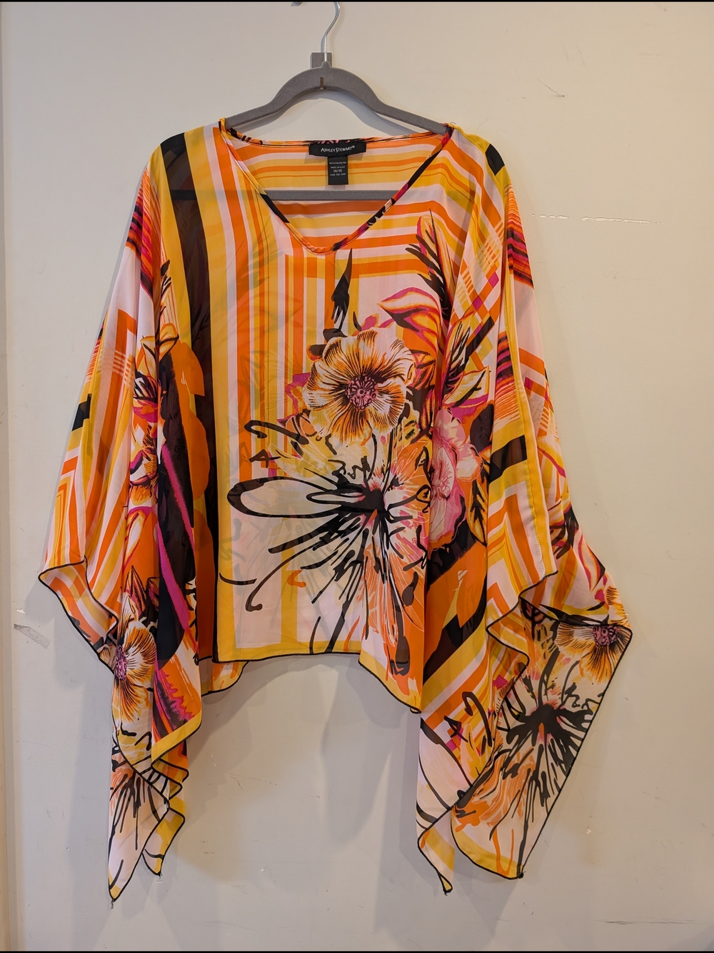 Ashley Stewart Orange Floral Poncho Cover Up Spring Sz 14 Made In USA Artsy